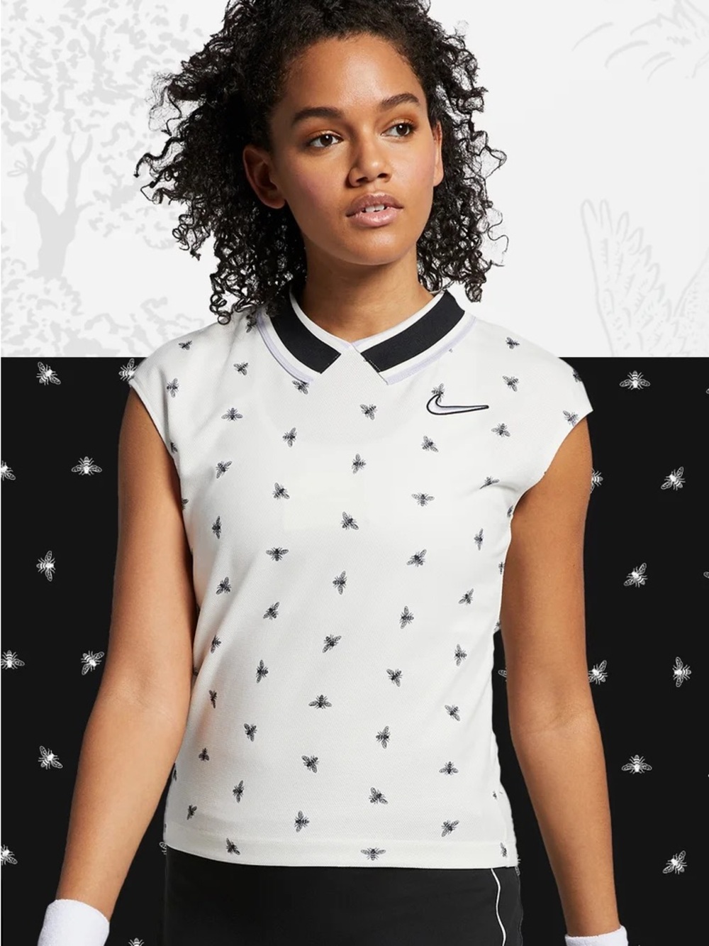 Nike White Bee-Print Sleeveless Tennis or Golf Tank with Black Trim